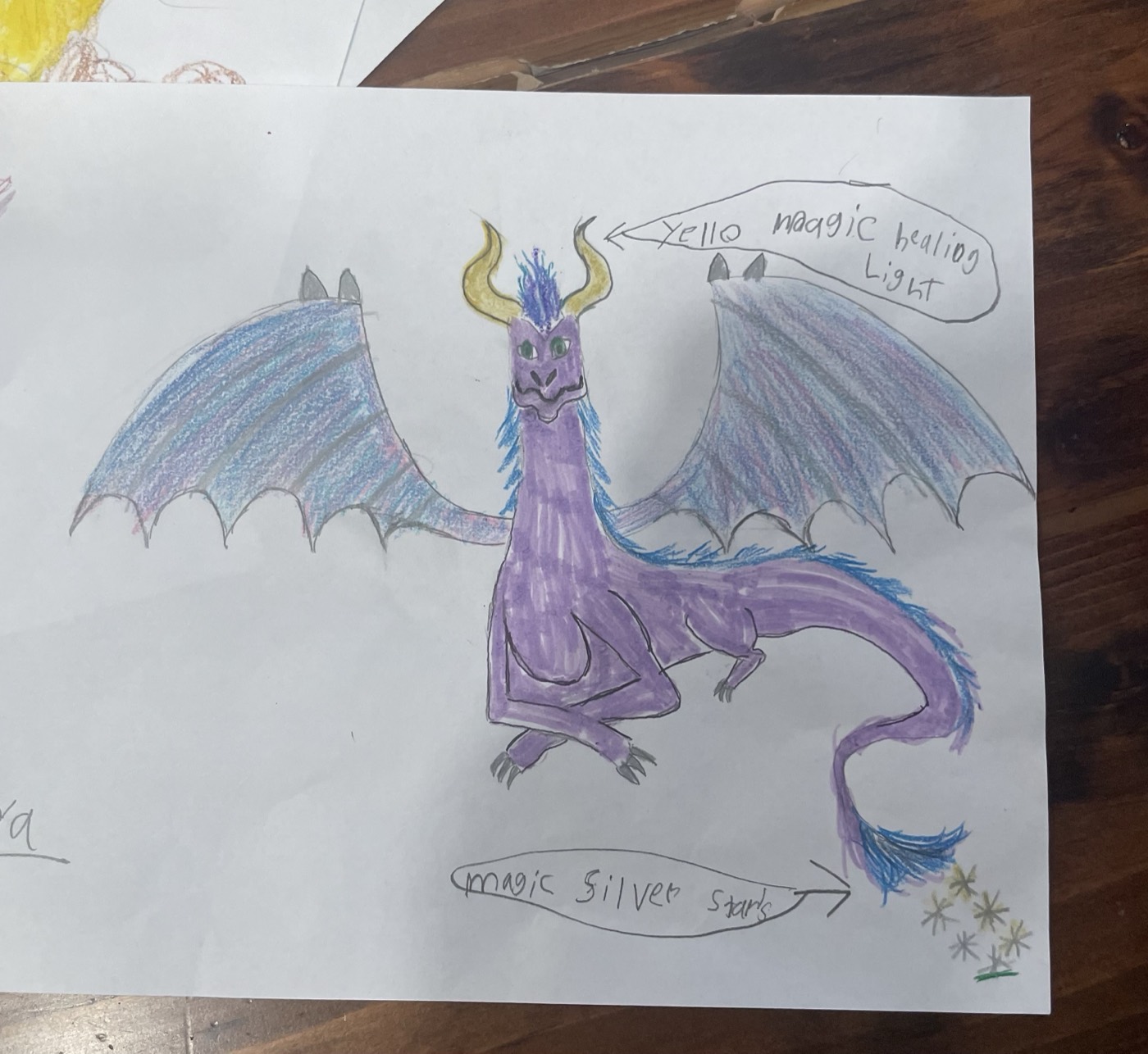 A child's drawing of a purple winged dragon named Noya with yellow healing light and silver stars