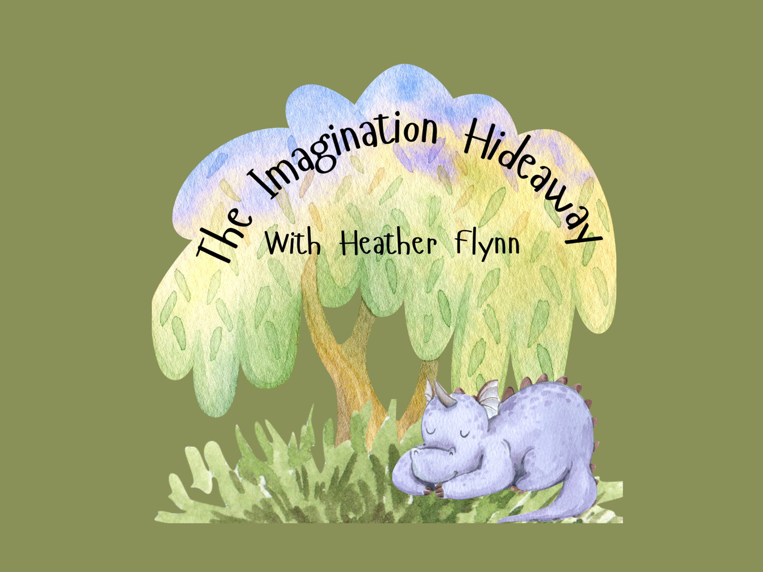 The Imagination Hideaway logo — a watercolor willow tree with a sleeping baby dragon in the grass